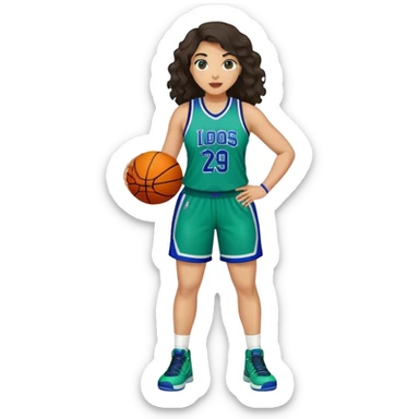 full body plus size light skin latino women basketball player with wavy dark hair wearing blue and green uniform sticker