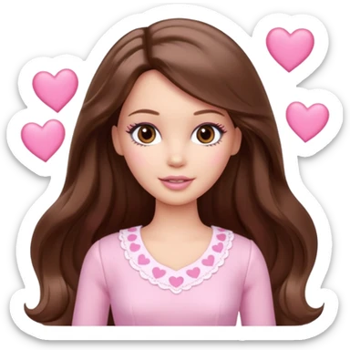 Barbie girl and  makeup , brown long straight wavy hair and brown eyes is In pale pink clothes There are pink hearts all around sticker