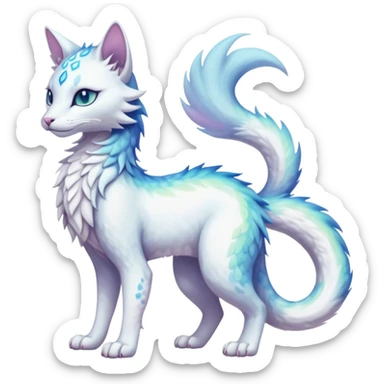 Kawaii white pastel iridescent beautiful pretty elegant divine edgy fantasy feline-vernid-sergal-fursona animal creature with a tufted tail full body with intricate markings  sticker