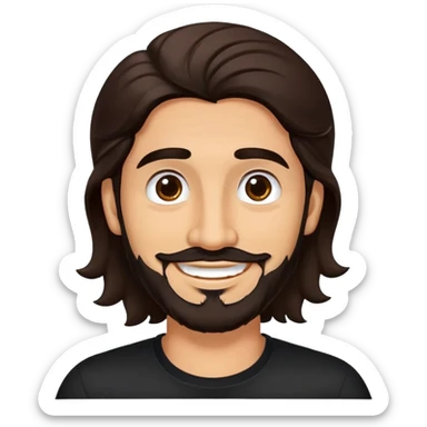 Hombre latino piel canela, cara redonda-ancha, scruff sin barba completa, cejas gruesas, pelo oscuro ondulado flat largo hasta el cuello. Sonrisa amplia, expresión alegre. Camisa negra. Size large.  sticker