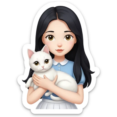 A beautiful girl with long black hair wearing a white skirt holds a cute white cat in her arms sticker