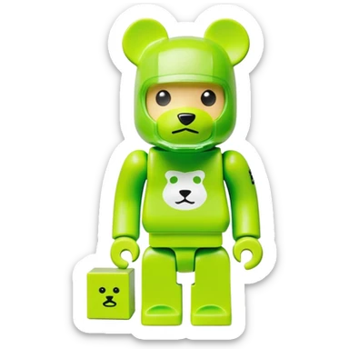 geometric bearbrick figurine with cube-shaped head, lime green balaclava with Supreme box logo on it, expressive eyebrows visible, toy design sticker