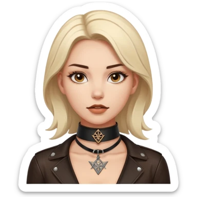 Leather choker with sigil around woman’s neck, pulse visible, dominance tone sticker