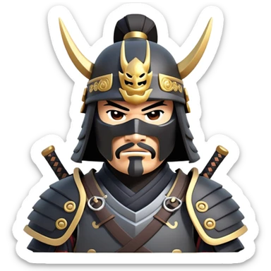 clash-of-clans-aesthetic_-cinematic-fearsome-and-majestic-samurai-bust-portrait-emoji, rendered in a flat, vector-style with minimal shading and bold, simplified shapes typical of emoji art, depicting a battle-hardened samurai with black mask and traditional black Japanese armor. The samurai is riding a noble grey warhorse adorned with an intricately designed saddle and fluttering banners and a rising sun. a samurai on a   horse sticker