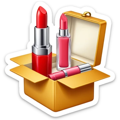an opened box with a few beauty items such as lipstick and perfume sticker
