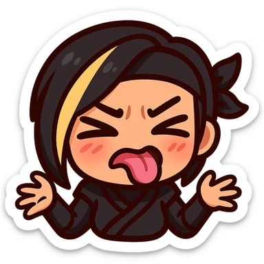 Sexy chibi ninja girl with black short hair and a blonde streak, only head and arms, colorful chibi style with bold outlines, transparent background, no mask, 'ew' expression with scrunched nose, tongue sticking out, and squinting eyes, sized for Twitch emoji use. sticker