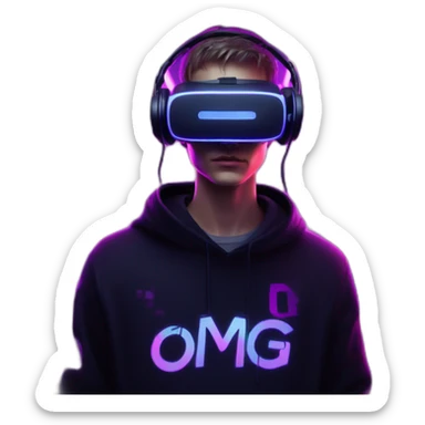 Russian young man wearing a black hoodie with "OMG" letters on it and VR headset in a cyberpunk VR environment with violet neon lighting. sticker