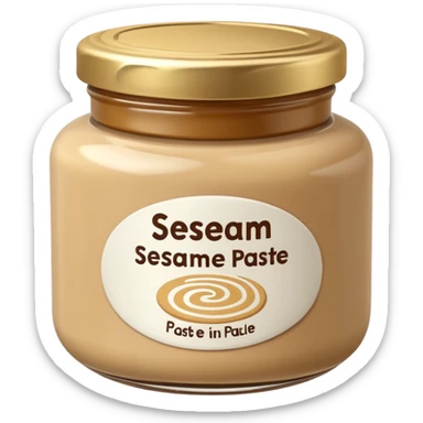 small jar of sesame paste, partially filled, smooth and glossy, pale tan to golden-brown, neutral lid, blank label optional, swirl of paste, 3D-rendered, minimal, no faces, transparent background sticker