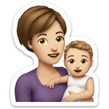 A white skinned mother with short brown hair holding her white skin and brown hair baby girl sticker