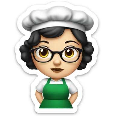 chubby lady with black hair and big eyes green apron  with glasses cooking  sticker