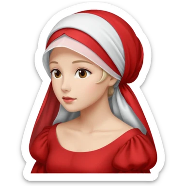 mujer de perfil con un vestido rojo de manga y falsas largas y voluptosas, y una toca blanca que cubre su cara sticker