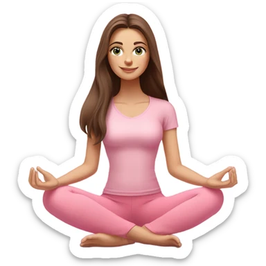 Brunette long hair and blue eyes yoga beautiful girl in light pink pink pink clothes sitting on a yoga mat sticker