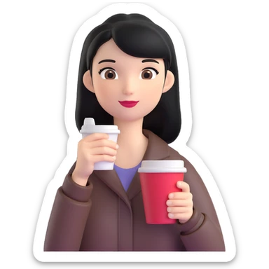 black-haired girl with a to-go coffee cup, emoji style sticker