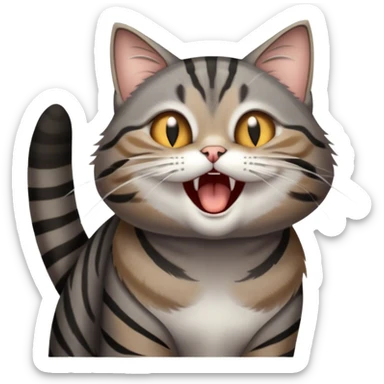 Cinematic Cute Yawning Grey and Black Brown Tabby Cat Portrait Emoji, Head tilted slightly with a dramatic, wide-open yawn, sleek grey-brown fur with dark black tabby stripes, sparkling amber eyes barely open, Simplified yet irresistibly adorable features, highly detailed, glowing with a soft, cozy glow, high shine, relaxed yet expressive, stylized with a touch of whimsy, bright and endearing, soft glowing outline, capturing the essence of a sleepy yet affectionate kitty, so drowsy it feels like it could stretch right out of the screen and curl up for a nap! sticker