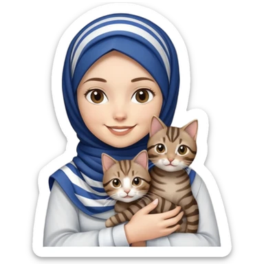 White girl wearing dark blue hijab with white shirt smiling while holding a black grey brown stripes tabby cat sticker