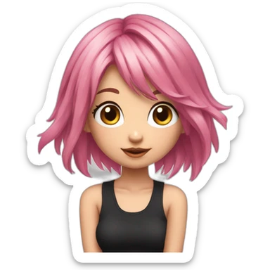 Full body Front view curvy emo girl pink hair sits on the floor straight view hands up black skirt полосатые рваные чулки sticker