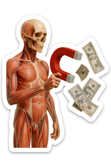 corpo umano anatomico con calamita rossa in mano che attira banconote, iperrealistica 4k, isolato su sfondo bianco sticker