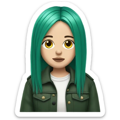 billie eilish emoji in dark green hair wearing a jacket sticker