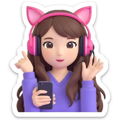 Adorable Japanese girl with long hair, cute cat ear headphones and holding smartphone sticker
