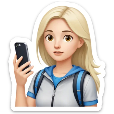 teen tourist girl in modern sports clothes and cell looking up sticker