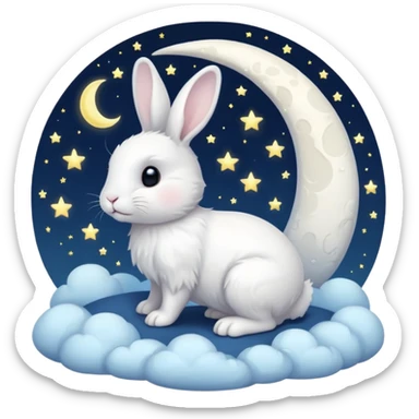 a white bunny in the foreground (no small details) and a large crescent moon in the background sticker