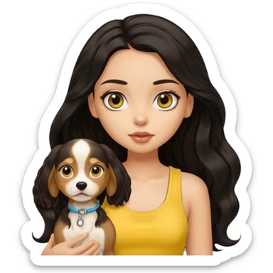 brown pretty bratz girl with long wavy black hair, wearing a yellow tank top with a dog sticker