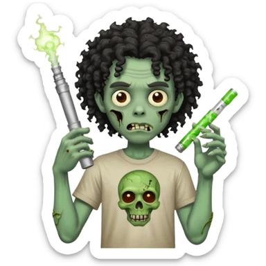 black mid long curly haired zombie getting stoned with weed t shirt and bong on his hand sticker