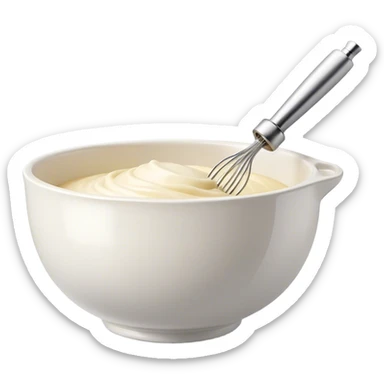 Cinematic Realistic Whisk & Mixing Bowl, a well-used metal whisk resting in a smooth ceramic mixing bowl, light reflecting off the whisk’s polished surface, subtle smears of batter along the rim, glowing with a sense of warmth and creativity. sticker