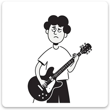 A musician holding a guitar, with a worried expression, looking up at the sky, concerned face, furrowed brow, waiting for an opportunity sticker
