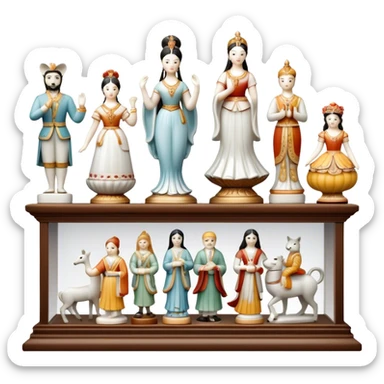 Icon for Porcelain Figurine Collecting: a collection of delicate porcelain figurines, such as animals, dancers, and historical characters, displayed on a shelf or in a display case. The icon should convey the elegance and artistry of collecting porcelain statues. Transparent background. sticker