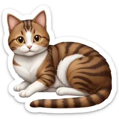 dark brown tabby and white cat with doing a big extremely long stretch reaching up into the air with arms and legs side by side together straight and overextended whilst lying on its side sticker