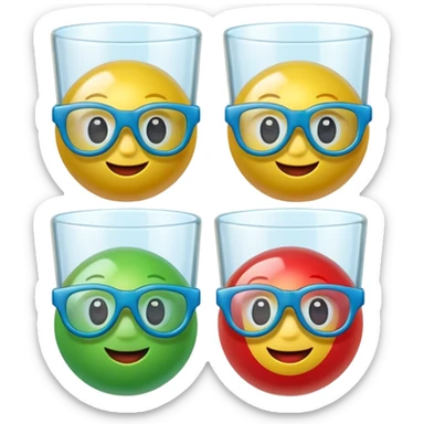 Cute 3D cartoon emoji sticker of a plastic glass-and-ball game with three glossy plastic glasses (blue, green, red) and a yellow ball. Soft lighting, smooth shadows, playful look, white sticker outline, transparent background, high resolution.” sticker