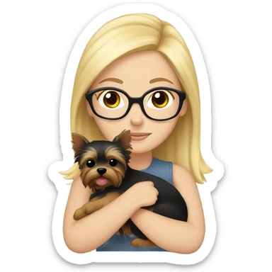 White girl, blonde hair, eyes closed, wearing glasses hugs Yorkshire terrier  sticker