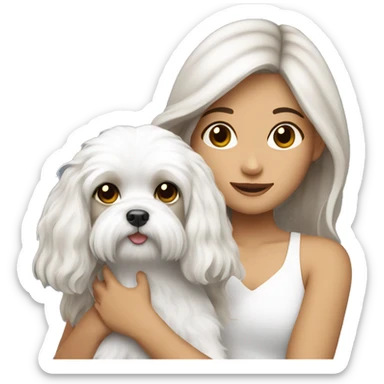 Brunette girl long hair holding a Maltese dog sticker