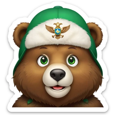 Smiling brown bear face with vivid green eyes, wearing traditional white ushanka hat featuring double-headed eagle emblem, Russian style sticker