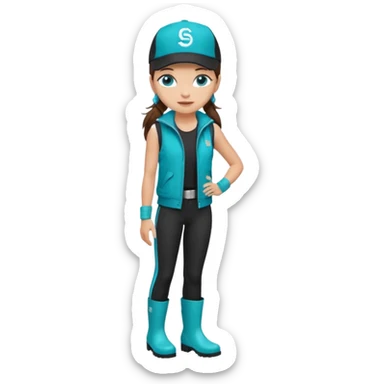 A landscaper in a beautiful turquoise jacket and turquoise rubber boots, black pants, and a black sleeveless shirt. On her head is a black color Swissotel baseball cap. The girl is a brunette with blue eyes. sticker