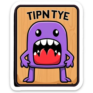 Fantasy tavern wooden sign with "Tipsy Mimic" name, with monster teeth and tongue sticker