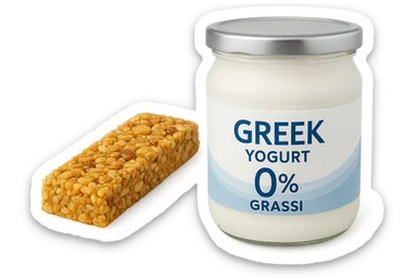 BARRETTA ENERGETICA E BARATTOLO DI YOGURT GRECO CON  LA SCRITTA "0% grassi" SULL'ETICHETTA  , ISOLATA SU SFONDO BIANCO sticker