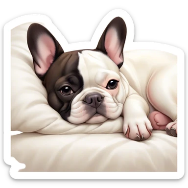 Meme-Worthy Cute Sleeping Pied French Bulldog Portrait Emoji, Head resting peacefully with a gentle, contented smile and eyes softly closed in serene repose, showcasing a distinctive pied fur of contrasting hues and a lovable, relaxed expression, simplified yet irresistibly adorable, highly detailed, glowing with a soft, drowsy radiance, high shine, exuding calm, endearing charm, styled with a gentle, soft glowing outline, capturing the essence of a sleeping Pied French Bulldog that appears destined to be the next viral symbol of adorable, sleepy delight! sticker