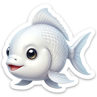 Cinematic Cute White Goldfish Portrait Emoji, Head tilted playfully and inquisitively, featuring a glossy, pure white body with delicate, shimmering scales and round, sparkling pale eyes filled with curiosity, Simplified yet irresistibly adorable features, highly detailed, glowing with a warm, friendly glow, high shine, affectionate and lively, stylized with a touch of whimsy, bright and endearing, soft glowing outline, capturing the essence of a mischievous yet loving goldfish, so playful it feels like it could swim out of the screen and into your heart! sticker