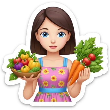Turkish beautiful finish Konya girl blue eyes with floral pink and yellow lila dress and she had on her hand vegetables  sticker