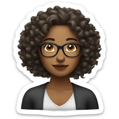 Brown woman, curly long hair, glasses, chest sticker