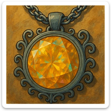 Add a silver chain or ornate setting to the round cut holographic amber charm, keeping the extreme close-up and original style sticker