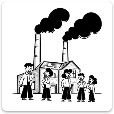 A factory with chimneys pumping out smoke and pollution with people coughing and choking sticker