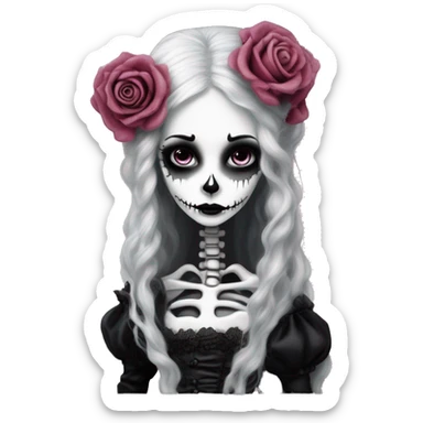 PINK LANDSCAPE PICTURE WITH FRAME: full body, hyper realism, full height skeleton, tim burton "corpse bride", thin porcelain doll with a cracked face, goth makeup, long hair, lace and ruffles, lolita style, inked, black and white, red roses sticker