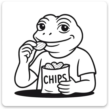 man eating chips, more white, smiling a little, bufo sticker