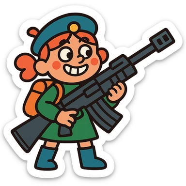 funny, positive stalker girl named Businka with a huge machine gun sticker