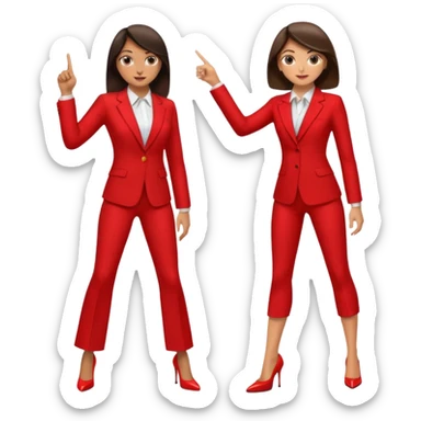 Brunette girl wearing a red power suit and high heels pointing at a man sticker