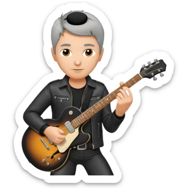 a short grey hair, middle age metal head with black leather, playing a classic epiphone eletric guitar sticker