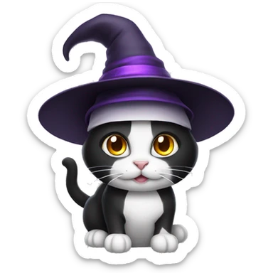 black and white cat with a witch hat sticker